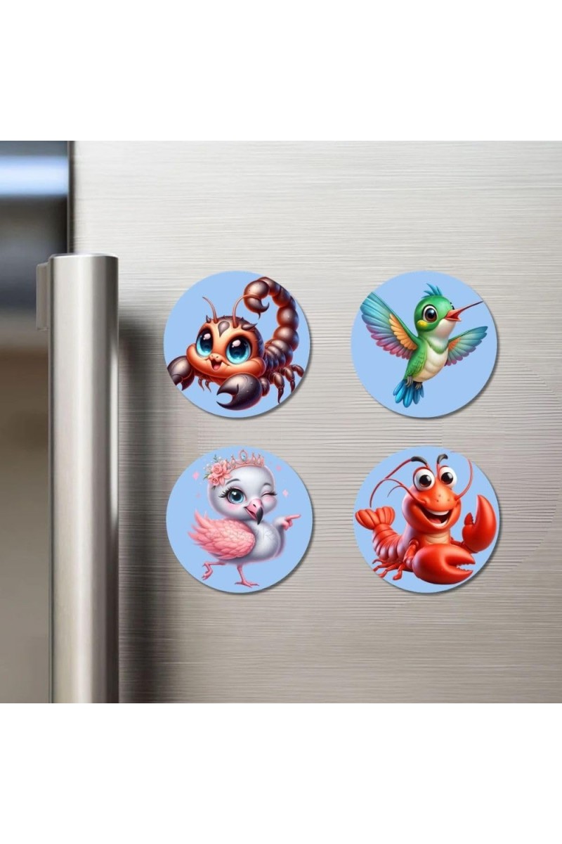 Scorpion, Hummingbird, Flamingo, and Lobster. Fridge Magnets 4 Piece Set | 3 Inch Round Wall Fridge Decor (F23069)