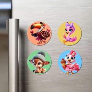 Flamingo, Toucan, Parrot, and Horse. Fridge Magnets 4 Piece Set | 3 Inch Round Wall Fridge Decor (F23030)