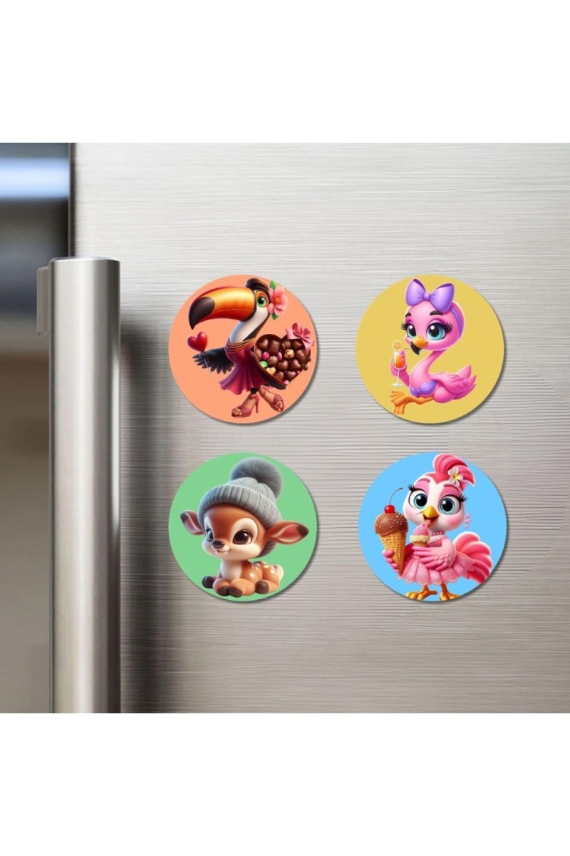 Flamingo, Toucan, Parrot, and Horse. Fridge Magnets 4 Piece Set | 3 Inch Round Wall Fridge Decor (F23030)