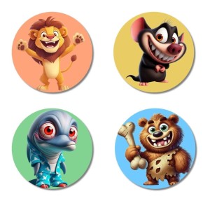 Lion, Mouse, Alien, and Bear. Fridge Magnets 4 Piece Set | 3 Inch Round Wall Fridge Decor (F22995)