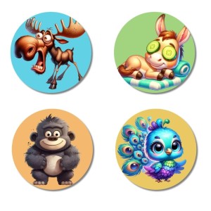Moose, Donkey, Gorilla, and Peacock. Fridge Magnets 4 Piece Set | 3 Inch Round Wall Fridge Decor (F22940)
