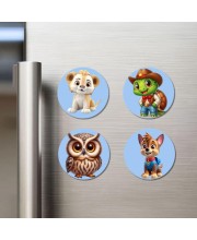 Lion, Turtle, Owl, and Dog. Fridge Magnets 4 Piece Set | 3 Inch Round Wall Fridge Decor (F23082)