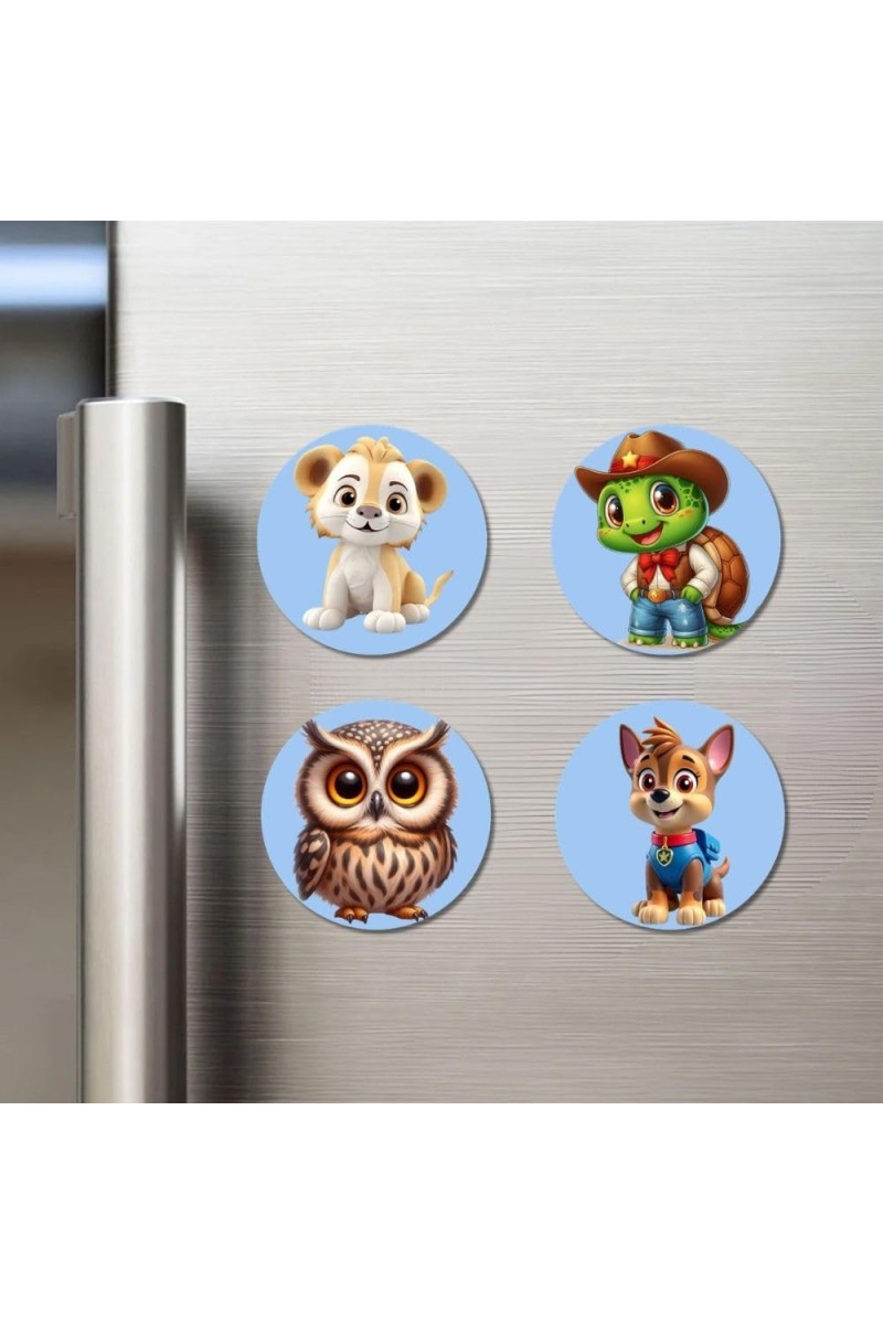 Lion, Turtle, Owl, and Dog. Fridge Magnets 4 Piece Set | 3 Inch Round Wall Fridge Decor (F23082)