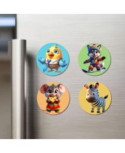 Chick, Wolf, Mouse, and Zebra. Fridge Magnets 4 Piece Set | 3 Inch Round Wall Fridge Decor (F22933)