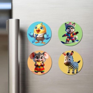 Chick, Wolf, Mouse, and Zebra. Fridge Magnets 4 Piece Set | 3 Inch Round Wall Fridge Decor (F22933) Chick, Wolf, Mouse, and Zebra. Fridge Magnets 4 Piece Set | 3 Inch Round Wall Fridge Decor (F22933)