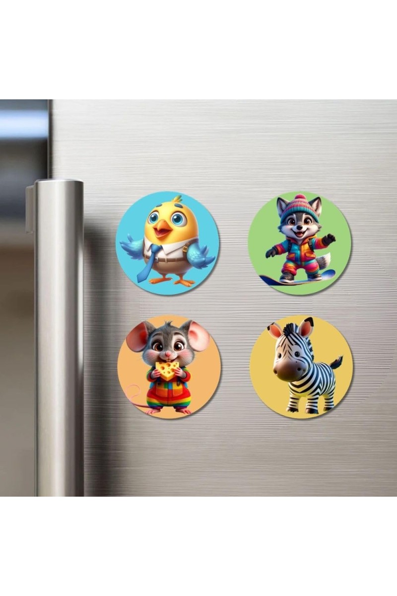 Chick, Wolf, Mouse, and Zebra. Fridge Magnets 4 Piece Set | 3 Inch Round Wall Fridge Decor (F22933)