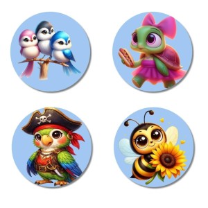 Birds, Turtle, Parrot, and Bee., Cow, Deer, and Panda. Fridge Magnets 4 Piece Set | 3 Inch Round Wall Fridge Decor (F23070)