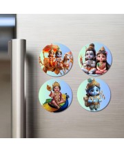 Rama, Shiva, Parvati, Kartikeya, and Krishna. Fridge Magnets 4 Piece Set | 3 Inch Round Wall Fridge Decor (F22814)