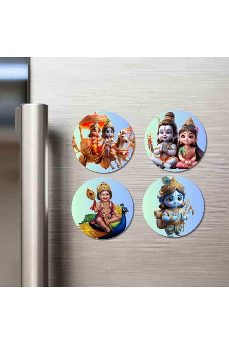 Rama, Shiva, Parvati, Kartikeya, and Krishna. Fridge Magnets 4 Piece Set | 3 Inch Round Wall Fridge Decor (F22814)