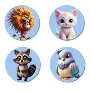 Lion, Cat, Raccoon, and Bird. Fridge Magnets 4 Piece Set | 3 Inch Round Wall Fridge Decor (F23145)