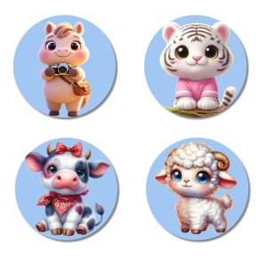 Horse, White Tiger, Calf, Lamb Fridge Magnets 4 Piece Set | 3 Inch Round Wall Fridge Decor (F23159)