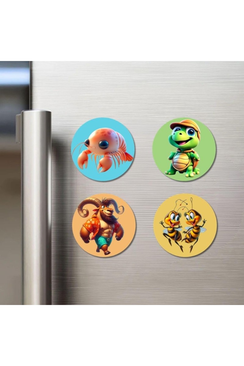 Shrimp, Turtle, Ibex, and Bees. Fridge Magnets 4 Piece Set | 3 Inch Round Wall Fridge Decor (F22941)