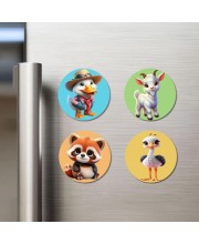 Duck, Goat, Dog, and Ostrich. Fridge Magnets 4 Piece Set | 3 Inch Round Wall Fridge Decor (F22908)