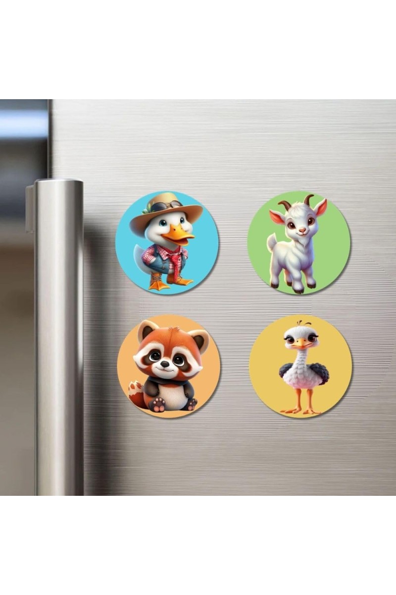 Duck, Goat, Dog, and Ostrich. Fridge Magnets 4 Piece Set | 3 Inch Round Wall Fridge Decor (F22908)
