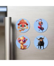 Goldfish, Ant, Camel, and Bull. Fridge Magnets 4 Piece Set | 3 Inch Round Wall Fridge Decor (F23059)