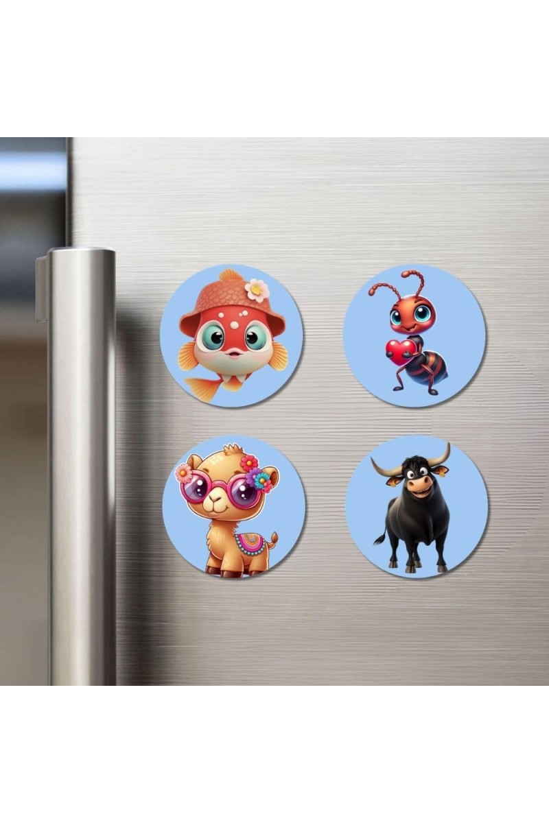 Goldfish, Ant, Camel, and Bull. Fridge Magnets 4 Piece Set | 3 Inch Round Wall Fridge Decor (F23059)
