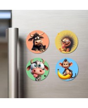 Bull, Hedgehog, Cow, and Monkey. Fridge Magnets 4 Piece Set | 3 Inch Round Wall Fridge Decor (F23008)