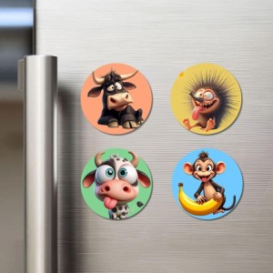 Bull, Hedgehog, Cow, and Monkey. Fridge Magnets 4 Piece Set | 3 Inch Round Wall Fridge Decor (F23008)