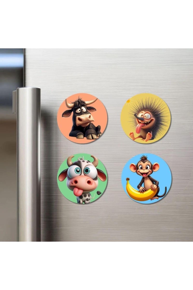 Bull, Hedgehog, Cow, and Monkey. Fridge Magnets 4 Piece Set | 3 Inch Round Wall Fridge Decor (F23008)