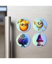 Mango, Watermelon, Artichoke, Mushroom Fridge Magnets 4 Piece Set | 3 Inch Round Wall Fridge Decor (F23314)