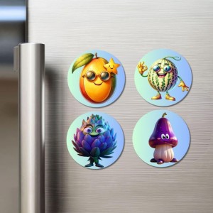 Mango, Watermelon, Artichoke, Mushroom Fridge Magnets 4 Piece Set | 3 Inch Round Wall Fridge Decor (F23314)