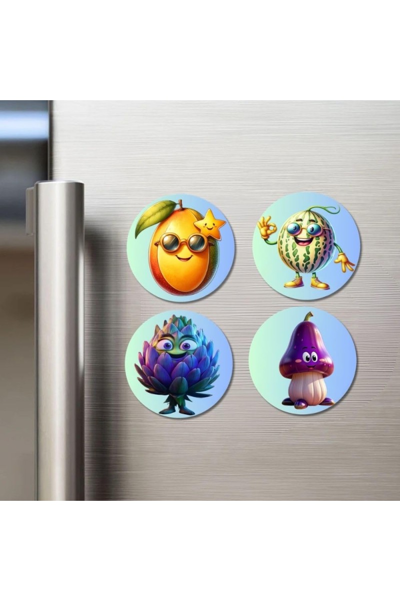 Mango, Watermelon, Artichoke, Mushroom Fridge Magnets 4 Piece Set | 3 Inch Round Wall Fridge Decor (F23314)