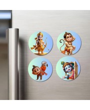 Rama, Hanuman, and Krishna. Fridge Magnets 4 Piece Set | 3 Inch Round Wall Fridge Decor (F23202)