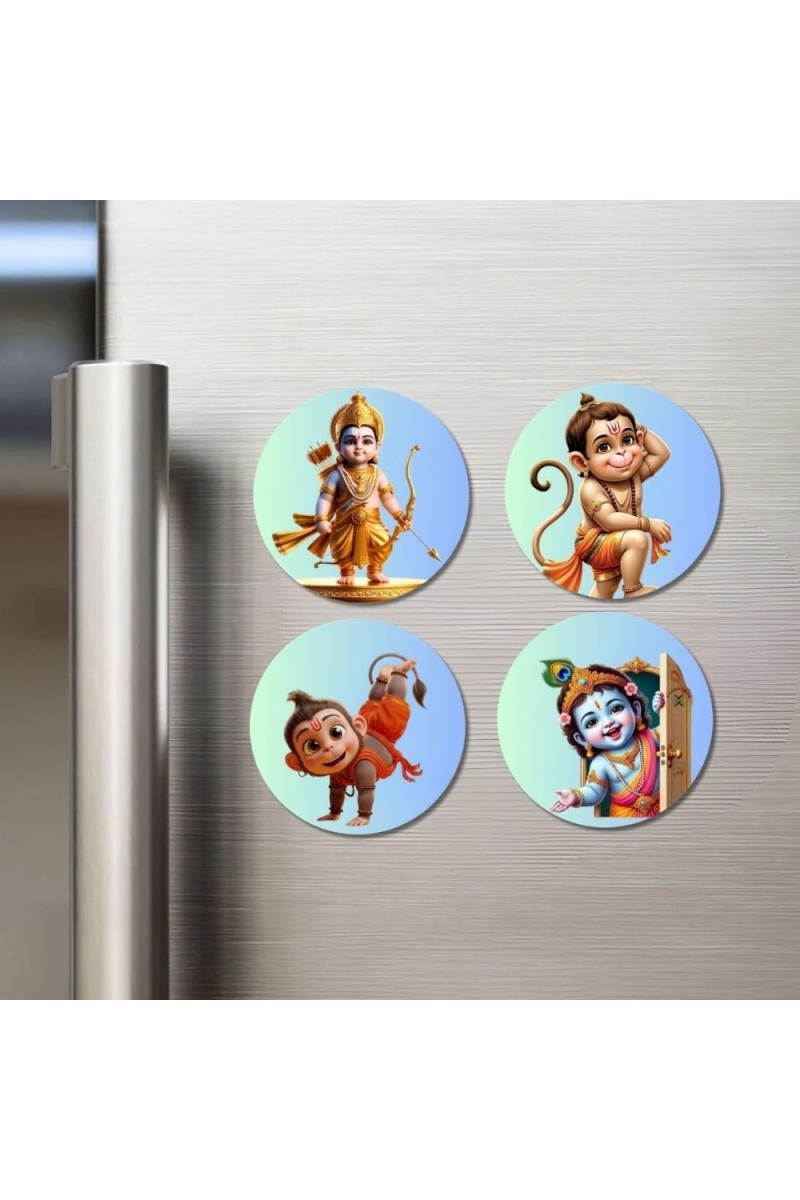 Rama, Hanuman, and Krishna. Fridge Magnets 4 Piece Set | 3 Inch Round Wall Fridge Decor (F23202)