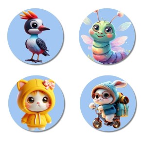 Woodpecker, Caterpillar, Cat in Raincoat, Rabbit On Scooter Fridge Magnets 4 Piece Set | 3 Inch Round Wall Fridge Decor (F23155)