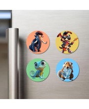 Mammoth, Dog, Chameleon, and Squirrel. Fridge Magnets 4 Piece Set | 3 Inch Round Wall Fridge Decor (F22999)