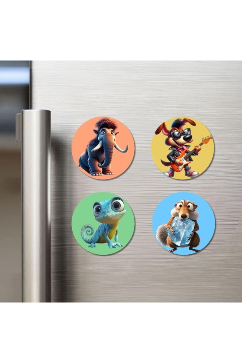 Mammoth, Dog, Chameleon, and Squirrel. Fridge Magnets 4 Piece Set | 3 Inch Round Wall Fridge Decor (F22999)