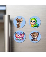Deer, Caterpillar, Butterfly, and Leopard. Fridge Magnets 4 Piece Set | 3 Inch Round Wall Fridge Decor (F23068)