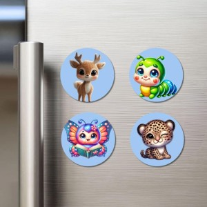 Deer, Caterpillar, Butterfly, and Leopard. Fridge Magnets 4 Piece Set | 3 Inch Round Wall Fridge Decor (F23068)