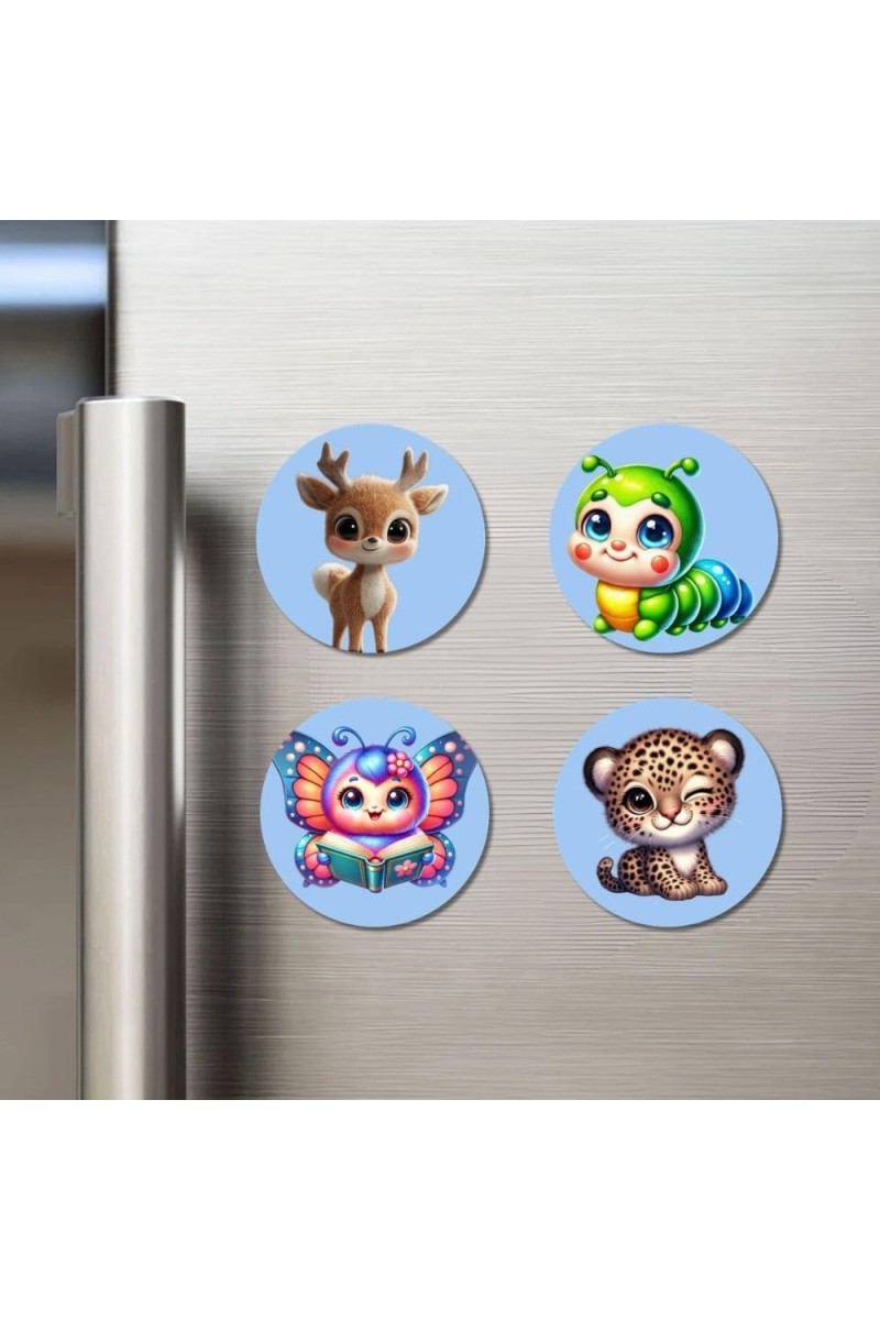 Deer, Caterpillar, Butterfly, and Leopard. Fridge Magnets 4 Piece Set | 3 Inch Round Wall Fridge Decor (F23068)