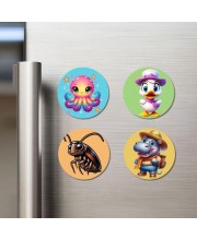 Octopus, Duck, Cockroach, and Hippo. Fridge Magnets 4 Piece Set | 3 Inch Round Wall Fridge Decor (F22928)