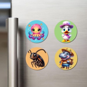 Octopus, Duck, Cockroach, and Hippo. Fridge Magnets 4 Piece Set | 3 Inch Round Wall Fridge Decor (F22928)