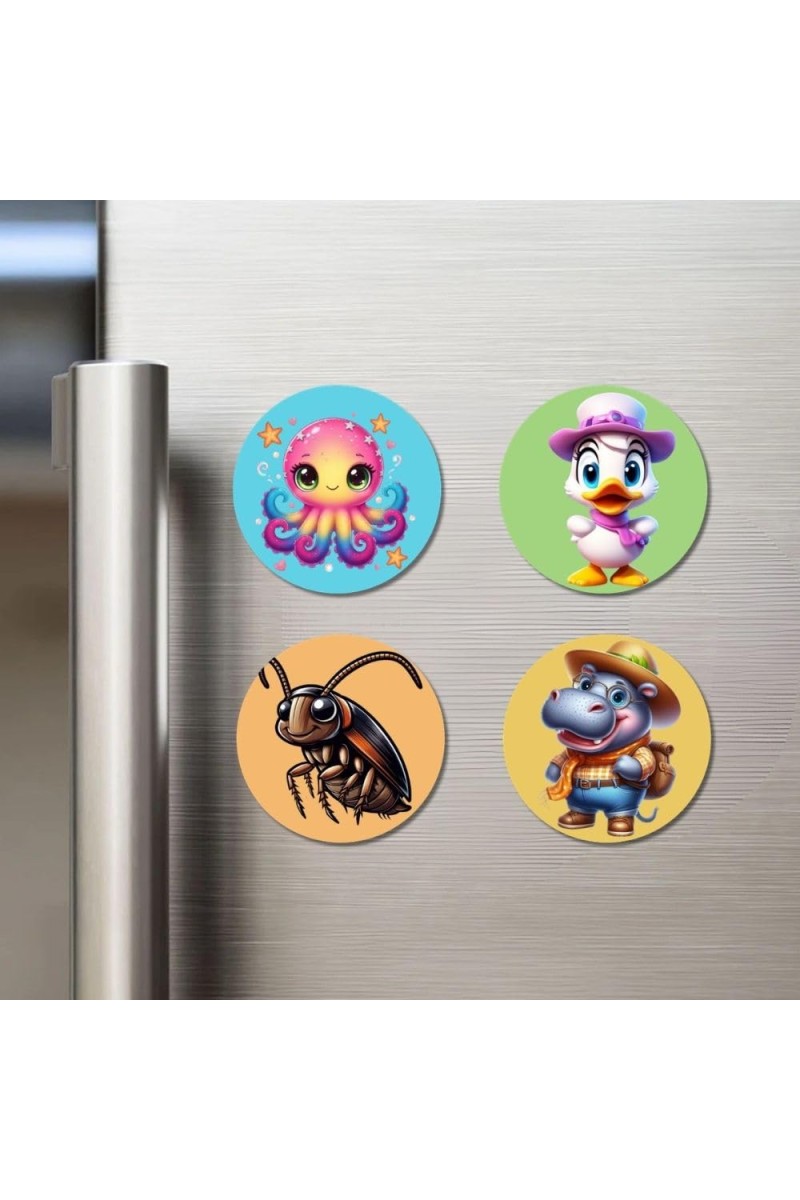 Octopus, Duck, Cockroach, and Hippo. Fridge Magnets 4 Piece Set | 3 Inch Round Wall Fridge Decor (F22928)