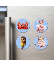 Crab, Kangaroo, Hedgehog, and Tiger. Fridge Magnets 4 Piece Set | 3 Inch Round Wall Fridge Decor (F23072)