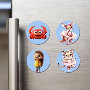 Crab, Kangaroo, Hedgehog, and Tiger. Fridge Magnets 4 Piece Set | 3 Inch Round Wall Fridge Decor (F23072)