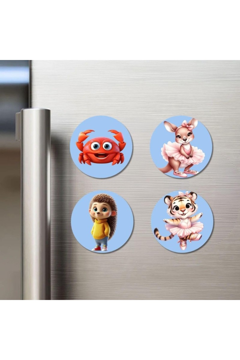 Crab, Kangaroo, Hedgehog, and Tiger. Fridge Magnets 4 Piece Set | 3 Inch Round Wall Fridge Decor (F23072)