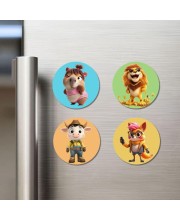 Wombat, Lion, Cow, and Fox. Fridge Magnets 4 Piece Set | 3 Inch Round Wall Fridge Decor (F22944)