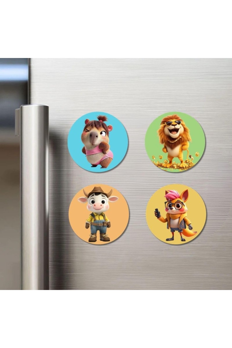 Wombat, Lion, Cow, and Fox. Fridge Magnets 4 Piece Set | 3 Inch Round Wall Fridge Decor (F22944)