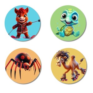 Horse, Turtle, Spider, and Camel. Fridge Magnets 4 Piece Set | 3 Inch Round Wall Fridge Decor (F22934)