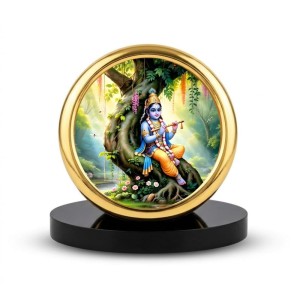 Car Desk/Table Top Lord Krishna Metal Golden Photo Stand 2x2 Inches, Compact & Stylish Spiritual Display for Car, Home & Office (Pack of 1) (F18584)