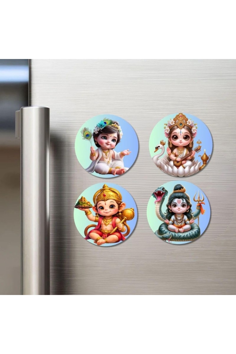 Krishna, Saraswati, Hanuman, Shiva Fridge Magnets 4 Piece Set | 3 Inch Round Wall Fridge Decor (F23171)