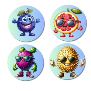 Blueberry, Grapefruit, Dragon Fruit, Durian Fridge Magnets 4 Piece Set | 3 Inch Round Wall Fridge Decor (F23323) Blueberry, Grapefruit, Dragon Fruit, Durian Fridge Magnets 4 Piece Set | 3 Inch Round Wall Fridge Decor (F23323)
