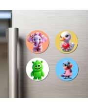 Elephant, Duck, Monster, and Parrot. Fridge Magnets 4 Piece Set | 3 Inch Round Wall Fridge Decor (F22954)