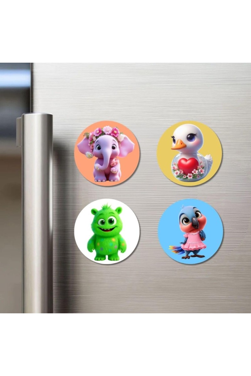 Elephant, Duck, Monster, and Parrot. Fridge Magnets 4 Piece Set | 3 Inch Round Wall Fridge Decor (F22954)
