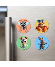 Mosquito, Crab, Dog, and Rabbit. Fridge Magnets 4 Piece Set | 3 Inch Round Wall Fridge Decor (F23002)