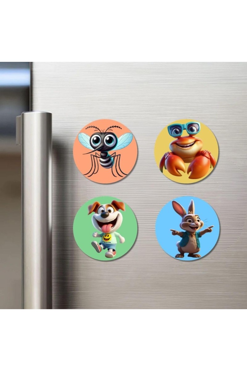 Mosquito, Crab, Dog, and Rabbit. Fridge Magnets 4 Piece Set | 3 Inch Round Wall Fridge Decor (F23002)
